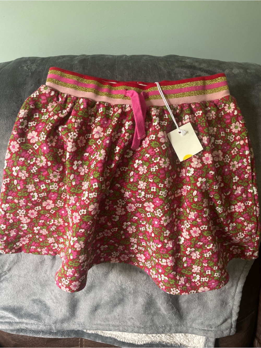 New Mini Boden Pink Floral Skirt with Striped Elastic Waistband sz 11